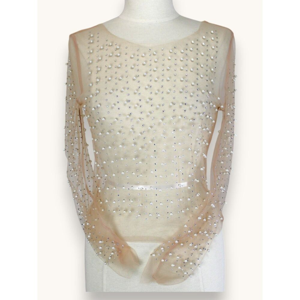 Sheer Elegant Beaded Rhinestone Mesh Top Nude Pearl Studded Chic Glam